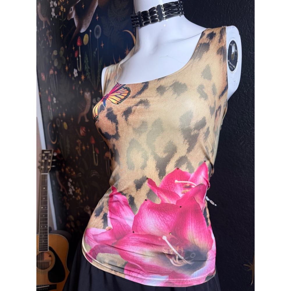 Museum Y2K Leopard Floral Butterfly Rhinestone Tank Top Pink Brown Womens